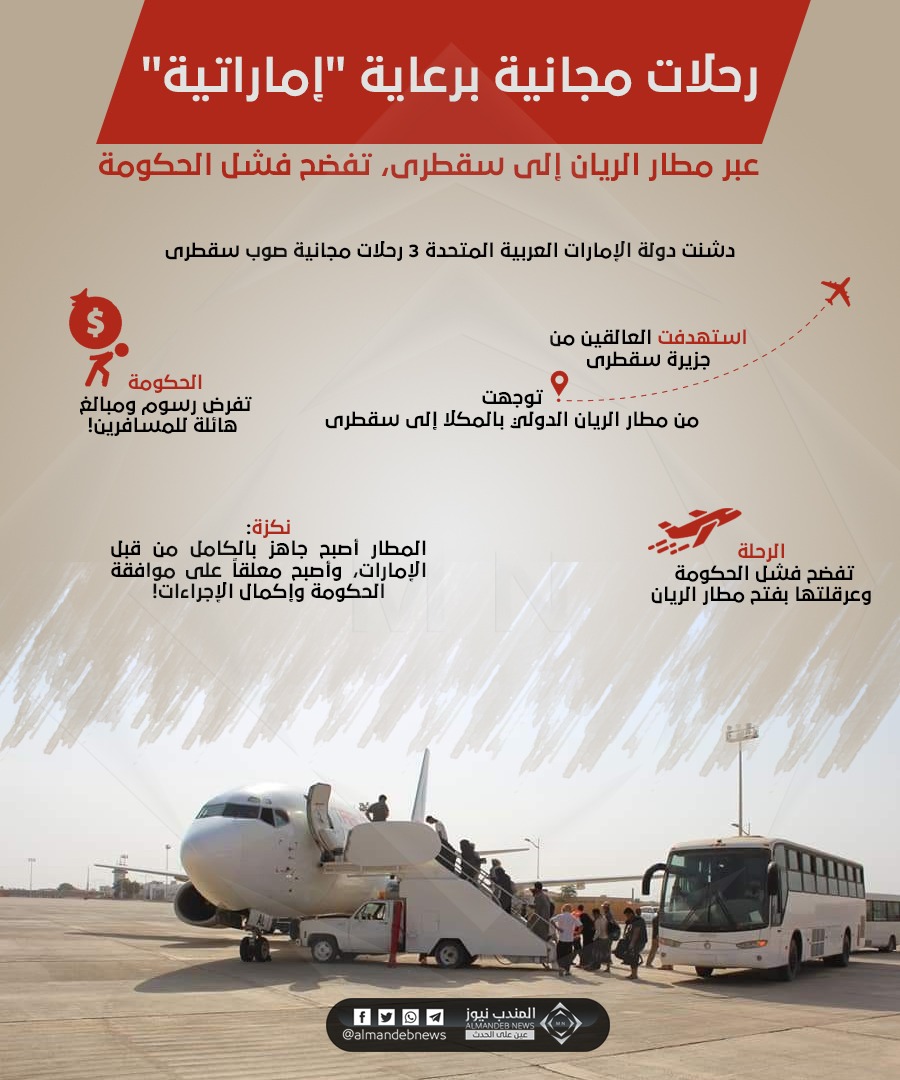 انفوجرافيك خاص: رحلات مجانية برعاية “إماراتية” عبر مطار الريان إلى سقطرى، تفضح فشل الحكومة